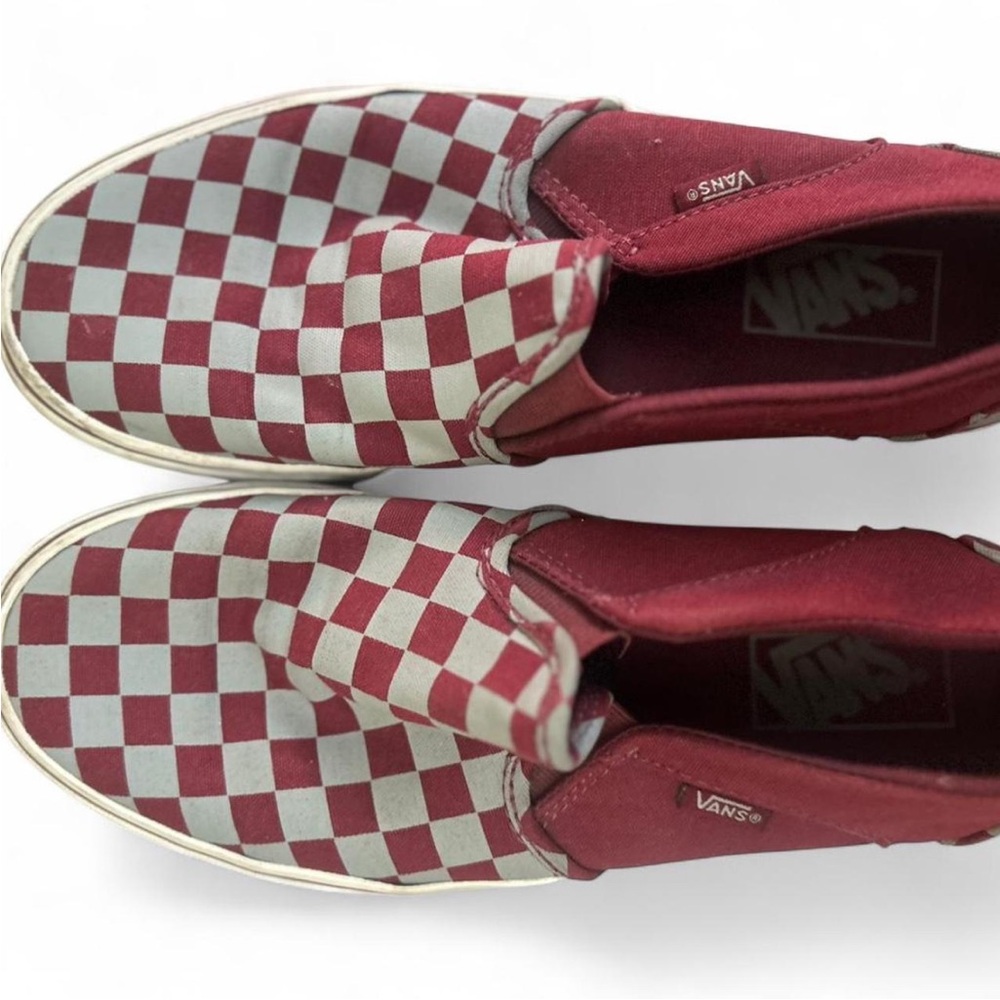 Vans Burgundy and White Checkered Slip-Ons